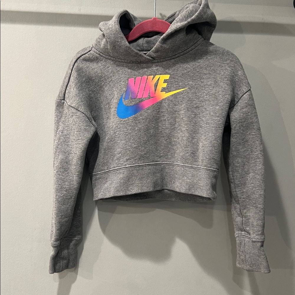 Kids Nike Heather Gray Hoodie with Colorful Logo cropped
